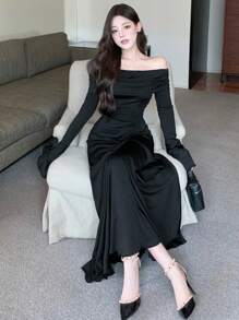 DAZY Women's Ruffle Ruffle Trim Dress, Long Sleeve, Suitable For Back To School Events And Formal Occasions Elegant,Fall Dress Off Shoulder Top - Black - View 5