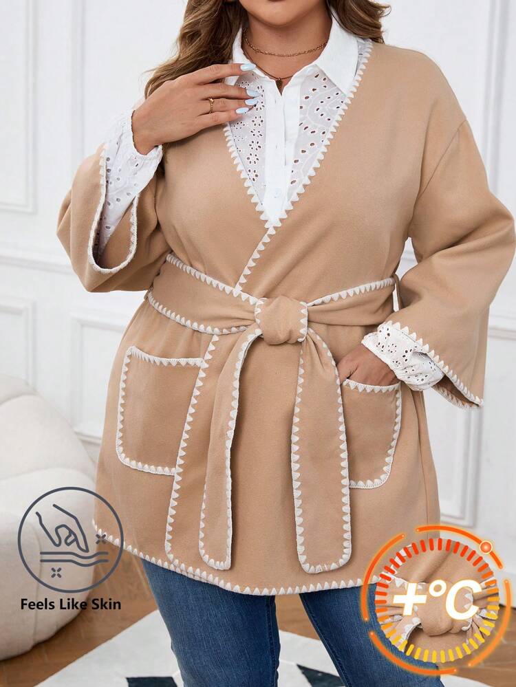 Plus Size Women Floral Trim Long Sleeve Casual Wool Blend Jacket Winter Women Thermal Coat, Fall/Winter
