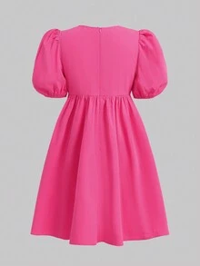 SHEIN Tween 女童休闲宽松蝴蝶装饰圆领泡泡袖迷你连衣裙 - 玫紅色 - 查看 3