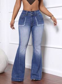SHEIN SXY Jeans acampanados para mujer con efecto desgastado lavado - Azul - Ver 6
