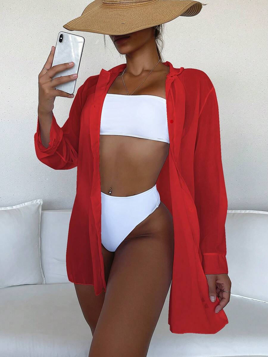 Swim Basics Summer Beach Solid Button Front Kimono - Red - View 1