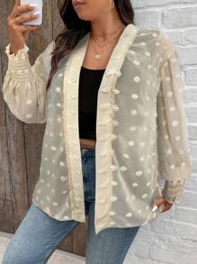 Calvaya Plus Size Women's Solid Color Mesh Long Sleeve Jacket Fall Cloth For Women - Apricot - View 3