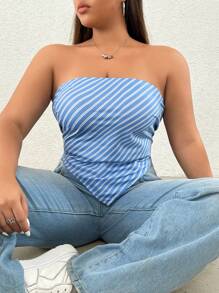 SHEIN EZwear Plus Size Casual Street Wear Plaid Bandeau Backless Striped Design Fashion Blouse