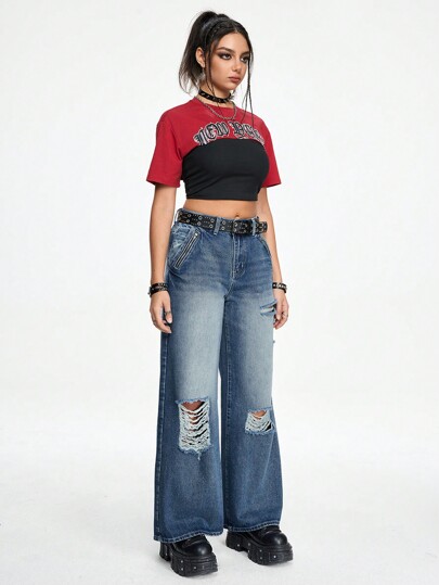 Grunge Punk Pantalon en jean ample et polyvalent à jambe large avec décoration de fermeture éclair déchirée, convient pour de multiples occasions