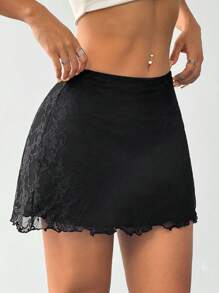 SHEIN EZwear 女士黑色性感撞色蕾丝设计时尚魅力优雅温柔裙子 - 黑色 - 查看 3