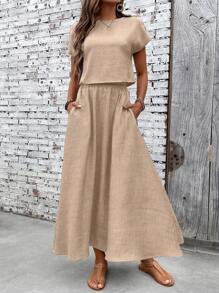 SHEIN LUNE 2-delige dames effen kleur vleermuismouwen, eenvoudige top en minirok, casual set