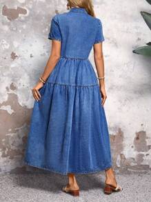 SHEIN LUNE Váy denim ngắn tay đơn giản màu trơn cho nữ - Rửa tối - Xem 2