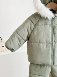 SHEIN 2pcs Baby Boy/Girl Warm Fleece Hooded Padded Coat + Overalls, Suitable For Autumn/Winter Outdoor, Skiing