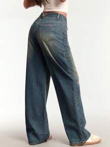 Forever 21 New Autumn Winter Retro Washed Wide Leg Classic Denim Jeans Pants - Blue - View 2