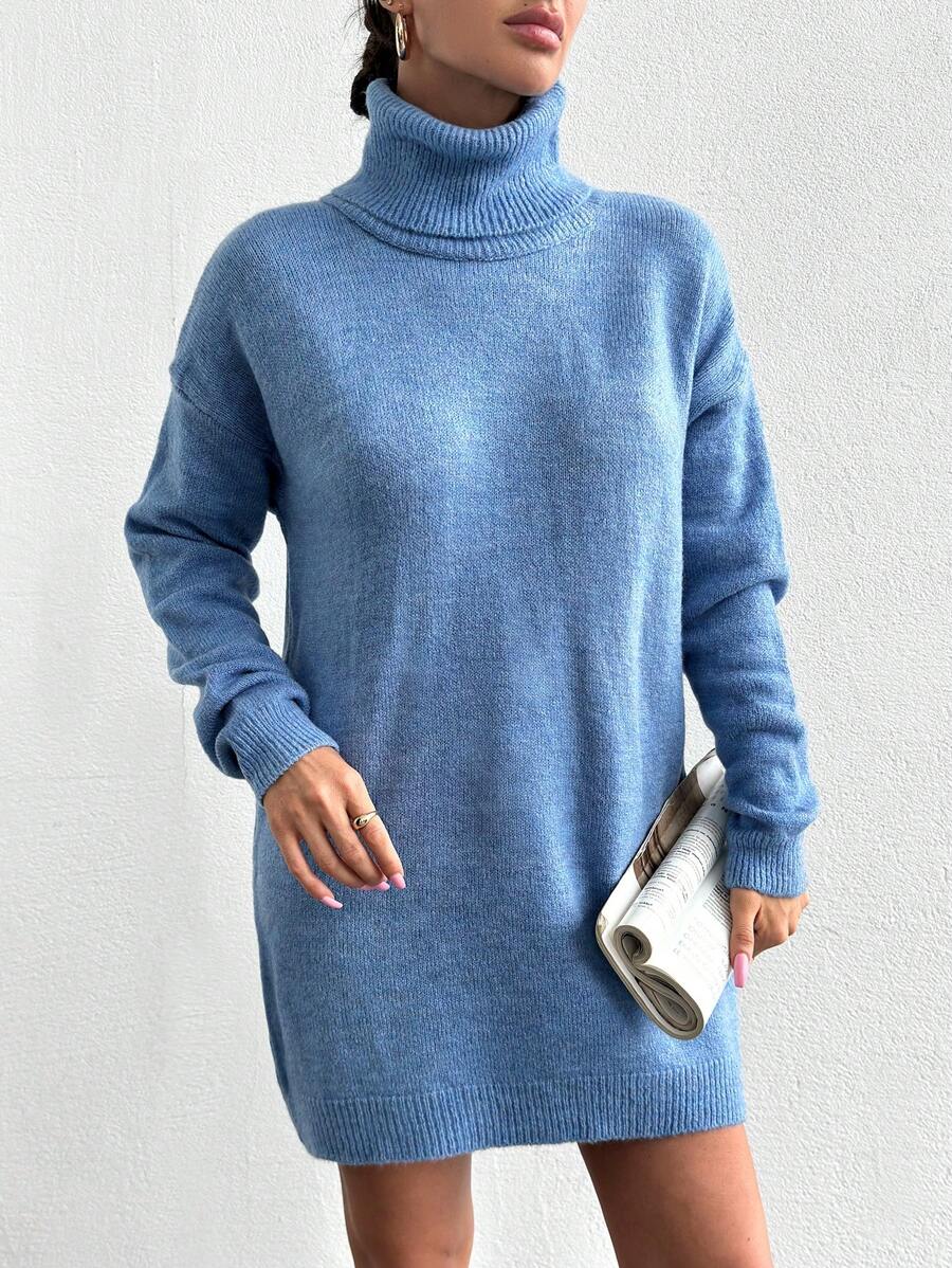 EURMUSE Gola Alta Ombro Caído Vestido De Tricô - Azul - Ver 1