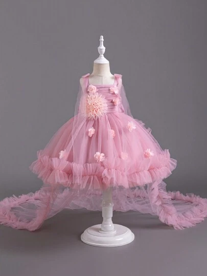 SHEIN Glamorique Kids 圣诞派对女婴公主裙，无袖网眼薄纱舞会礼服，配花腰带和长尾，优雅儿童派对礼服和晚礼服