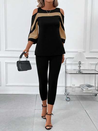 Editum 2pcs Women's Black & White Color Block Off Shoulder Elegant Office Outfit Spring Summer Elegant