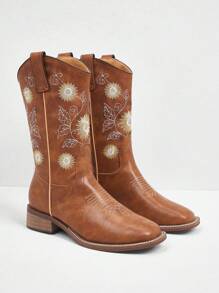Styleloop Women's Botanical Embroidery Block Heel Mid-Calf Western Boots Fall - Brown - View 5