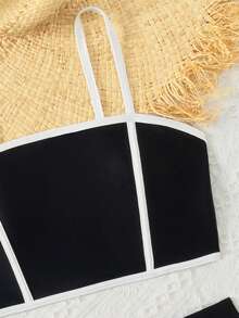 青少年女孩夏季海滩撞色边饰吊带背心和平角短裤度假比基尼两件套 - 黑色 - 查看 3