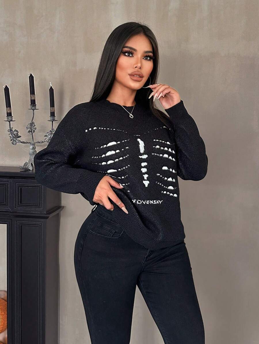 Zolique 女士长袖镂空针织衫，秋冬款 - 黑色 - 查看 1