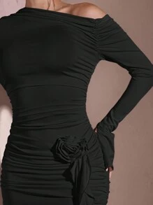 SHEIN BAE Đầm trễ vai chun cao, trang trí xếp nếp hoa ba chiều, thích hợp cho trang phục dự tiệc trưa màu hồng, trang phục mùa thu cho phụ nữ, váy độc thân, váy mùa thu, trang phục sinh nhật - màu đen - Xem 5