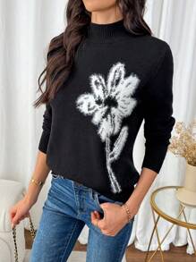 SHEIN LUNE Áo len nữ mùa thu đông mềm mại, thoải mái và thời trang với họa tiết hoa đan xen, cổ tròn, chất liệu dệt kim. - màu đen - Xem 4