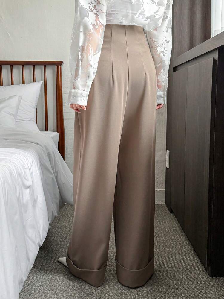 Women High Waist Wide Leg Pants With Pockets And Cuffs, Solid Color