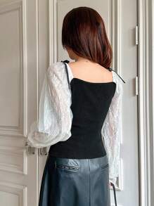 DAZY Sweater Pullover Lengan Panjang Rajut Longgar Blok Warna Wanita, Musim Gugur/Dingin, Ruffle - Hitam - View 2