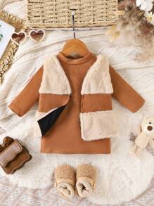Toddler Girls Elegant Retro Furry Vest Jacket + Dress 2pcs Set, Autumn/Winter
