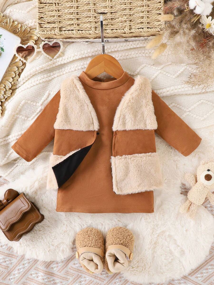 Toddler Girls Elegant Retro Furry Vest Jacket + Dress 2pcs Set, Autumn/Winter