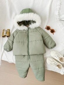 SHEIN 2pcs Baby Boy/Girl Warm Fleece Hooded Padded Coat + Overalls, Suitable For Autumn/Winter Outdoor, Skiing