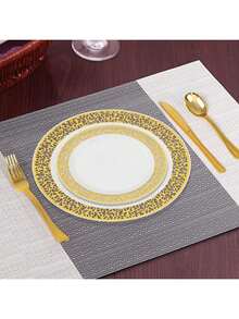 250/125/50/20/10/4 件金色塑料可重复使用餐具套装，包括：7.5/10.25 英寸白金边缘盘子、刀、叉和勺子，适合家庭聚会、生日派对、婚礼和节日庆祝 - 彩色 - 查看 3