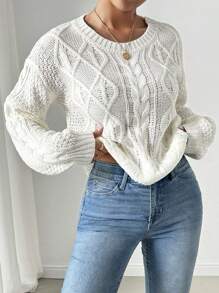 Chiquease 女士圆领长袖纹理粗针织宽松毛衣