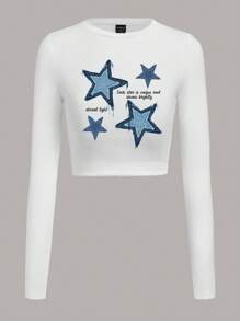Slaydiva 1pc Women's Round Neck Long Sleeve Star Print Tight Crop Top For Spring And Autumn And Winter - White - View 2