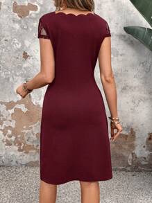 EMERY ROSE Vestido elegante de manga corta con cuello redondo, color liso, borde de concha y costura de encaje para mujer - Burdeos - Ver 2