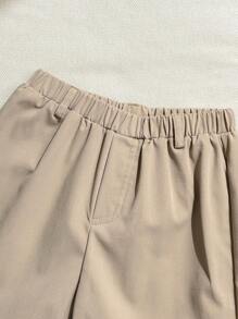 SHEIN 2 件套年轻男孩休闲学院风舒适时尚简约百搭柔软宽松纹理透气衬衫和实用工装裤套装，适合春夏季 - 卡其色 - 查看 3