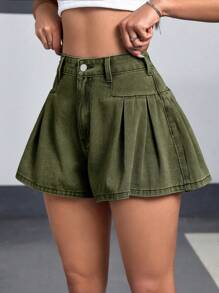 SHEIN EZwear 女士夏季休闲水洗阔腿牛仔短裤 - 軍綠色 - 查看 5