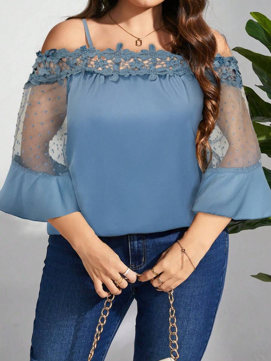 SHEIN Clasi 大码夏季优雅撞色蕾丝露肩吊带背心衬衫