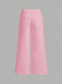 SHEIN Quần Jeans Ống Rộng 9 Điểm Cơ Bản Thường Ngày Màu Trắng Cho Bé Gái Tuổi Teen - Hồng - Xem 2