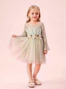 年轻女孩优雅圆领蕾丝透明长袖腰花朵设计网眼泡泡纱长袍公主裙 - 綠色 - 查看 2