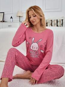 EURMUSE 100% 纯棉 2 件动物和云朵印花睡衣套装 - 粉色 - 查看 3