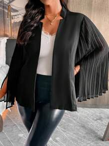 SHEIN Clasi 大码春秋休闲纯色褶皱开叉喇叭袖西装外套 - 黑色 - 查看 2