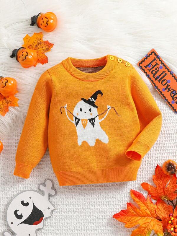 Toddler Cute Halloween Sweater, Round Neck Ghost & Pumpkin Pattern Knitted Pullover, Suitable For Various Occasions, Make Your Baby The Cutest One For Halloween