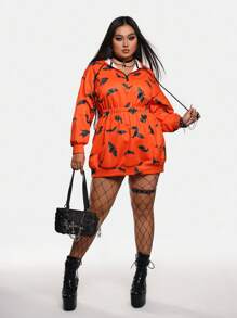 Warp Atelie Plus Size Artist Women's Y2K Halloween Bat Print Drop Shoulder Hoodie Sweatshirt, For Holiday, Festival, Workout, Western Wear