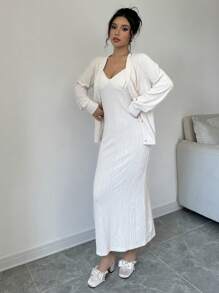 Chiquease 2pcs Solid Color Minimalist Long Sleeve Jacket & Dress Set For Women - Apricot - View 5