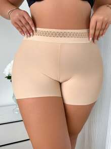 大码女式纯色网眼拼接高腰无缝内裤 - 杏色 - 查看 1