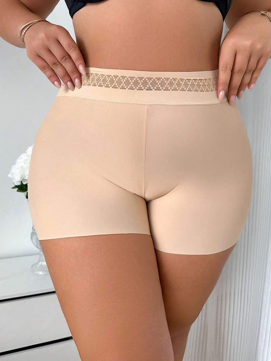 大码女式纯色网眼拼接高腰无缝内裤 - 杏色 - 查看 1