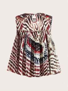 SHEIN LUNE Women's Casual Vacation Butterfly Wing Geometric Placement Print Pleated Sleeveless Satin Loose Round Neck Top - Multicolor - View 2