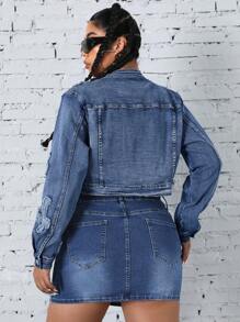 SHEIN ICON Große Größen Gewaschenr bestickter Denim Jacke Herbst Damenbekleidung