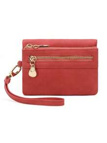 MIYIN 复古时尚PU皮革对折女士短款钱包 - 休闲便携卡包，带拉链零钱包、卡槽、证件窗口和腕带，日常使用（红色）女士腕包零钱包 - 紅色 - 查看 7