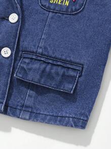 少女花卉刺繡牛仔夾克，圓領領口 - 中等水洗藍 - 查看 5