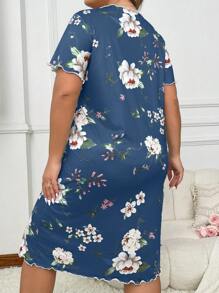 Blume Muster Kleid in Große Größen mit Kurzarm, Moo Moo Nachthemd - Blau - Übersicht 2