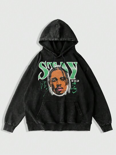 Street Life Men Spring And Autumn Letter Character Printed Drawstring Hooded Casual Loose Sweatshirt