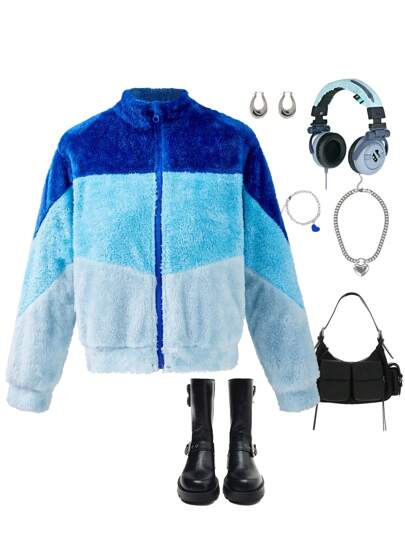 SHEIN 少女拼色蓬松夹克，秋冬装