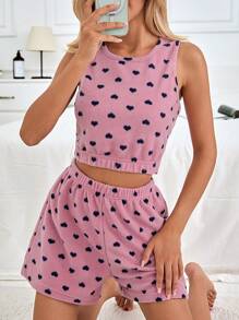 SHEIN Cottnline 2Pcs Plush Contrast Heart Printed Lounge Set - Pink - View 1